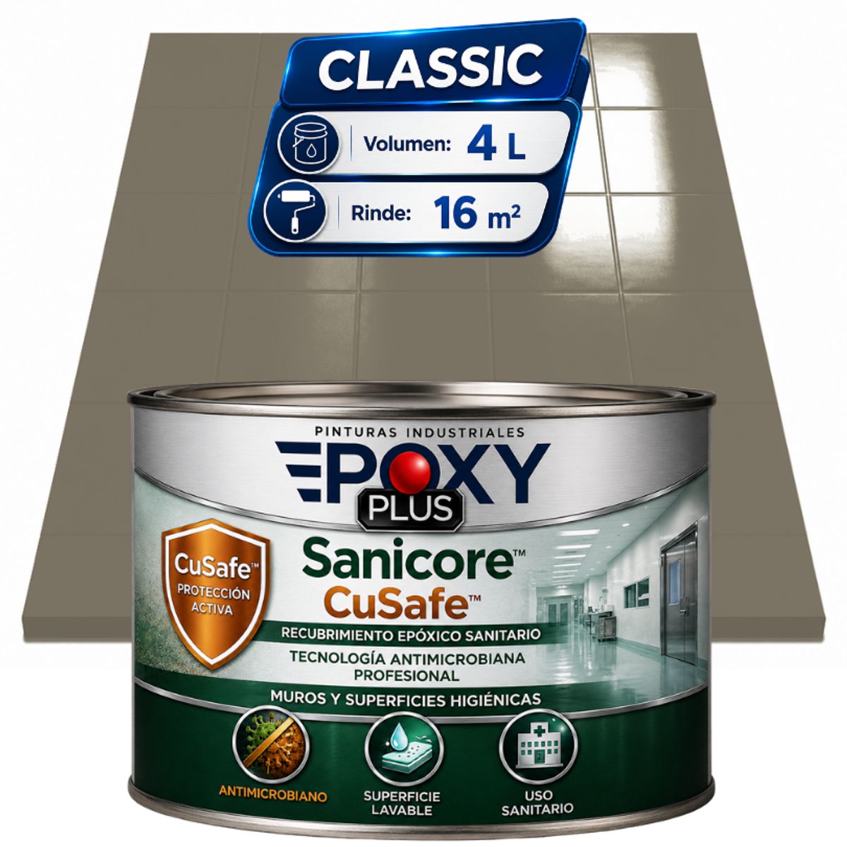 EPOXY - Pintura Epóxica Hospitalaria Sanicore CuSafe - MUROS Y PISOS - SIN OLOR  - CLASSIC 4L - GRIS PERLADO RATÓN