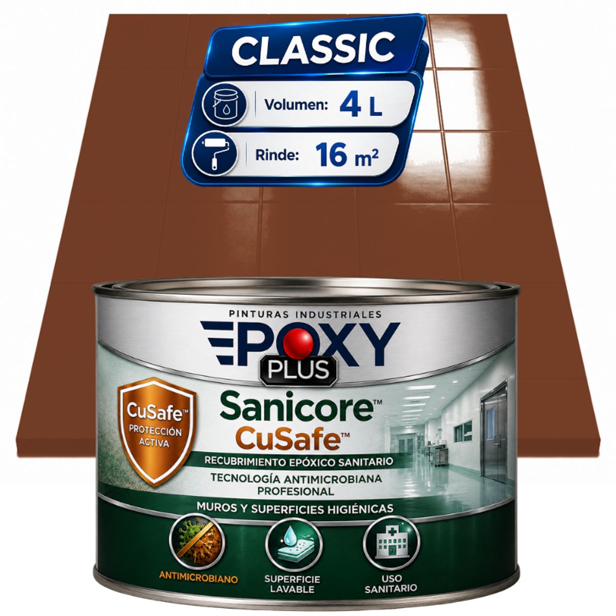 EPOXY - Pintura Epóxica Hospitalaria Sanicore CuSafe - MUROS Y PISOS - SIN OLOR  - CLASSIC 4L - MARRÓN SEÑALES