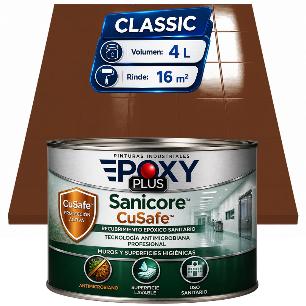 EPOXY - Pintura Epóxica Hospitalaria Sanicore CuSafe - MUROS Y PISOS - SIN OLOR  - CLASSIC 4L - MARRÓN CANELA