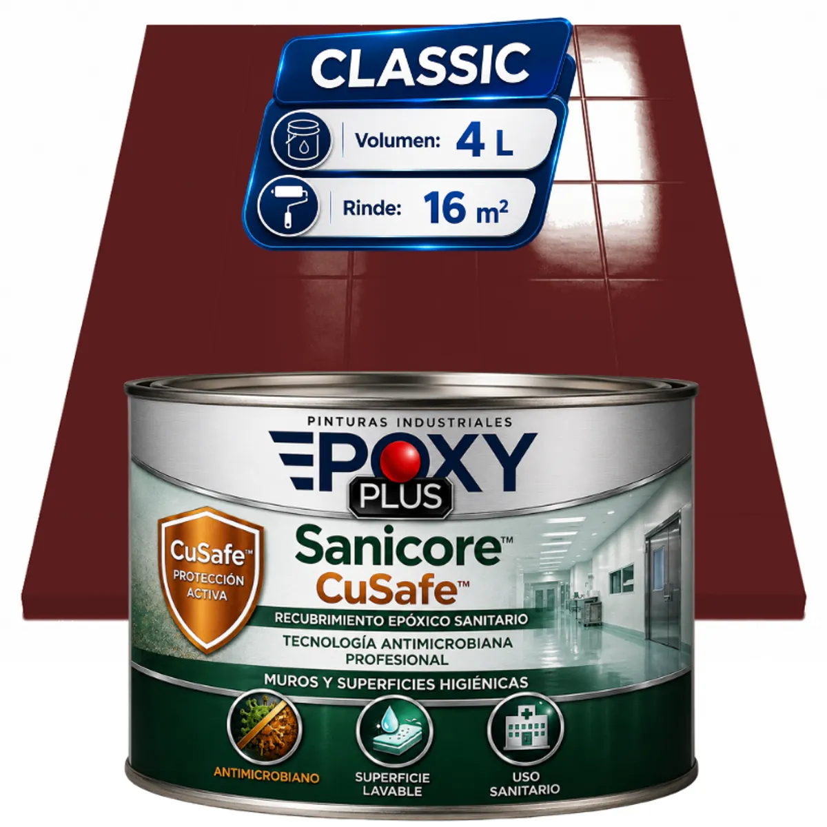 EPOXY - Pintura Epóxica Hospitalaria Sanicore CuSafe - MUROS Y PISOS - SIN OLOR  - CLASSIC 4L - MARRÓN CASTAÑO