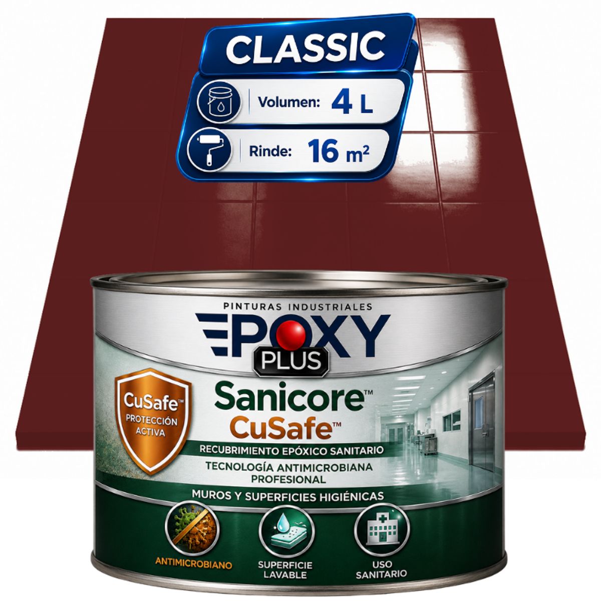 EPOXY - Pintura Epóxica Hospitalaria Sanicore CuSafe - MUROS Y PISOS - SIN OLOR  - CLASSIC 4L - MARRÓN CASTAÑO