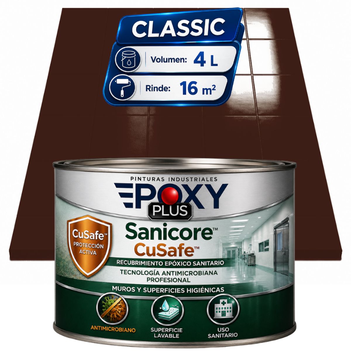 EPOXY - Pintura Epóxica Hospitalaria Sanicore CuSafe - MUROS Y PISOS - SIN OLOR  - CLASSIC 4L - CHOCOLATE OSCURO