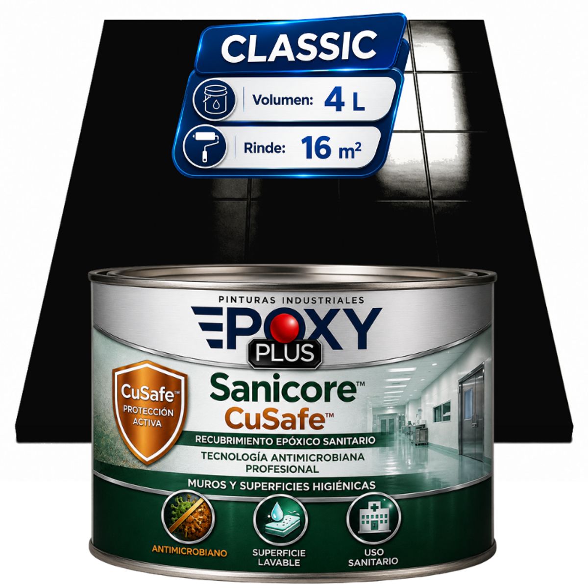 EPOXY - Pintura Epóxica Hospitalaria Sanicore CuSafe - MUROS Y PISOS - SIN OLOR  - CLASSIC 4L - NEGRO INTENSO