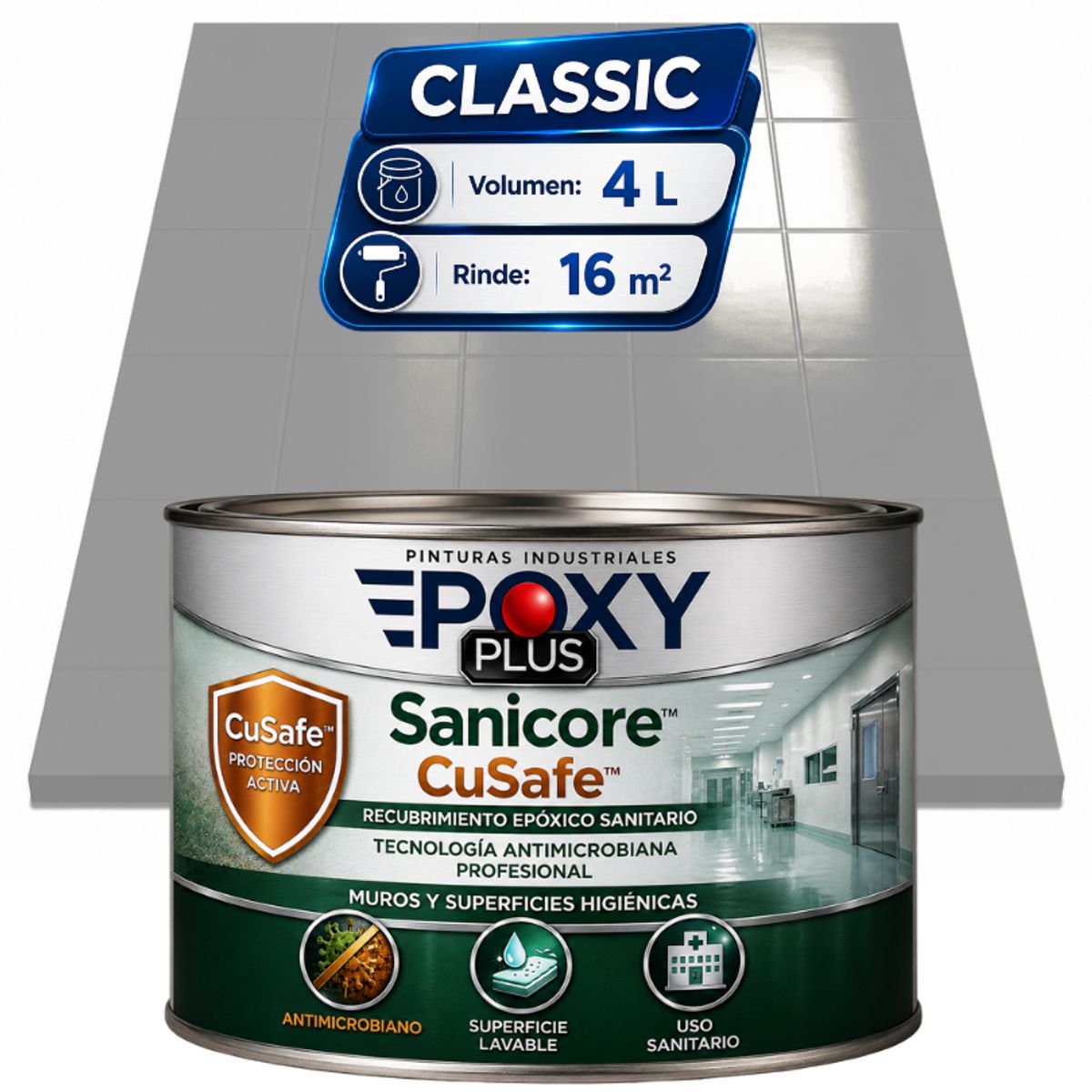 EPOXY - Pintura Epóxica Hospitalaria Sanicore CuSafe - MUROS Y PISOS - SIN OLOR  - CLASSIC 4L - BLANCO ALUMINIO