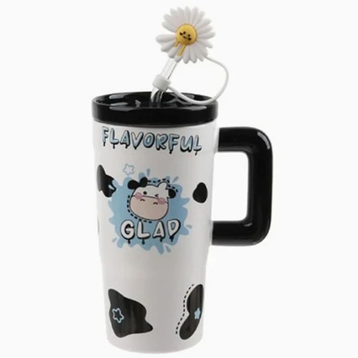 GENERICO - Vaso de cerámica con diseño de vaca 670ml con tapa y bombilla girasol