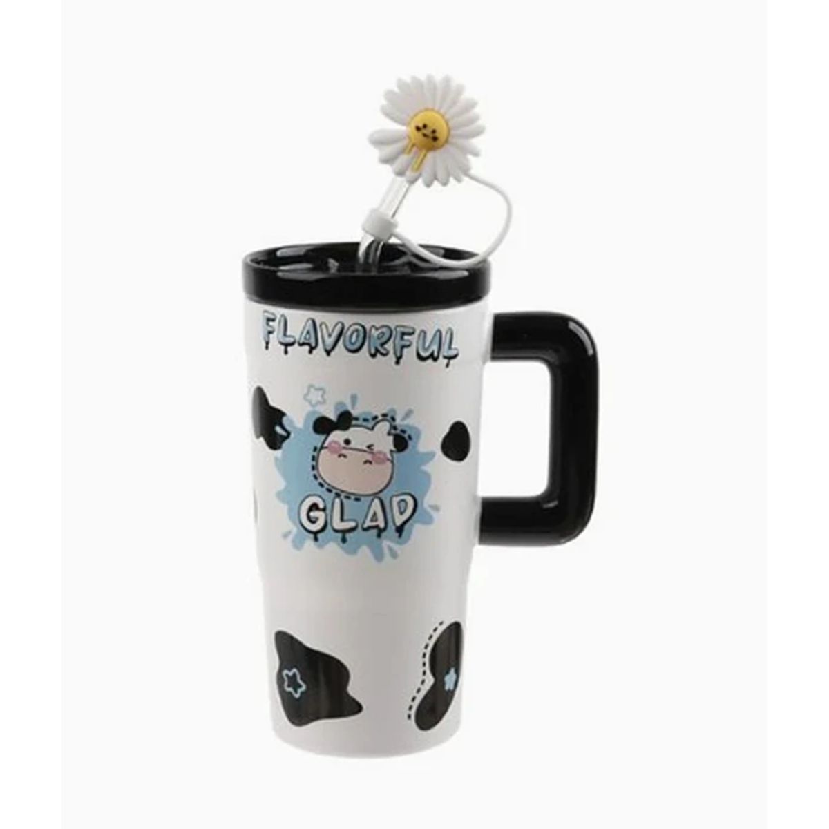 GENERICO - Vaso de cerámica con diseño de vaca 670ml con tapa y bombilla girasol