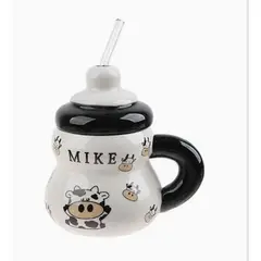 GENERICO - Taza de cerámica con diseño de vaca 400ml con tapa y bombilla