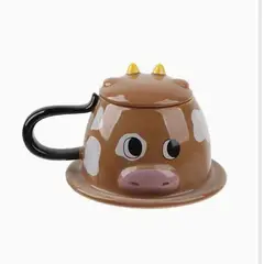 GENERICO - Taza de cerámica con diseño de vaca y tapa – 300 ml / 320 ml