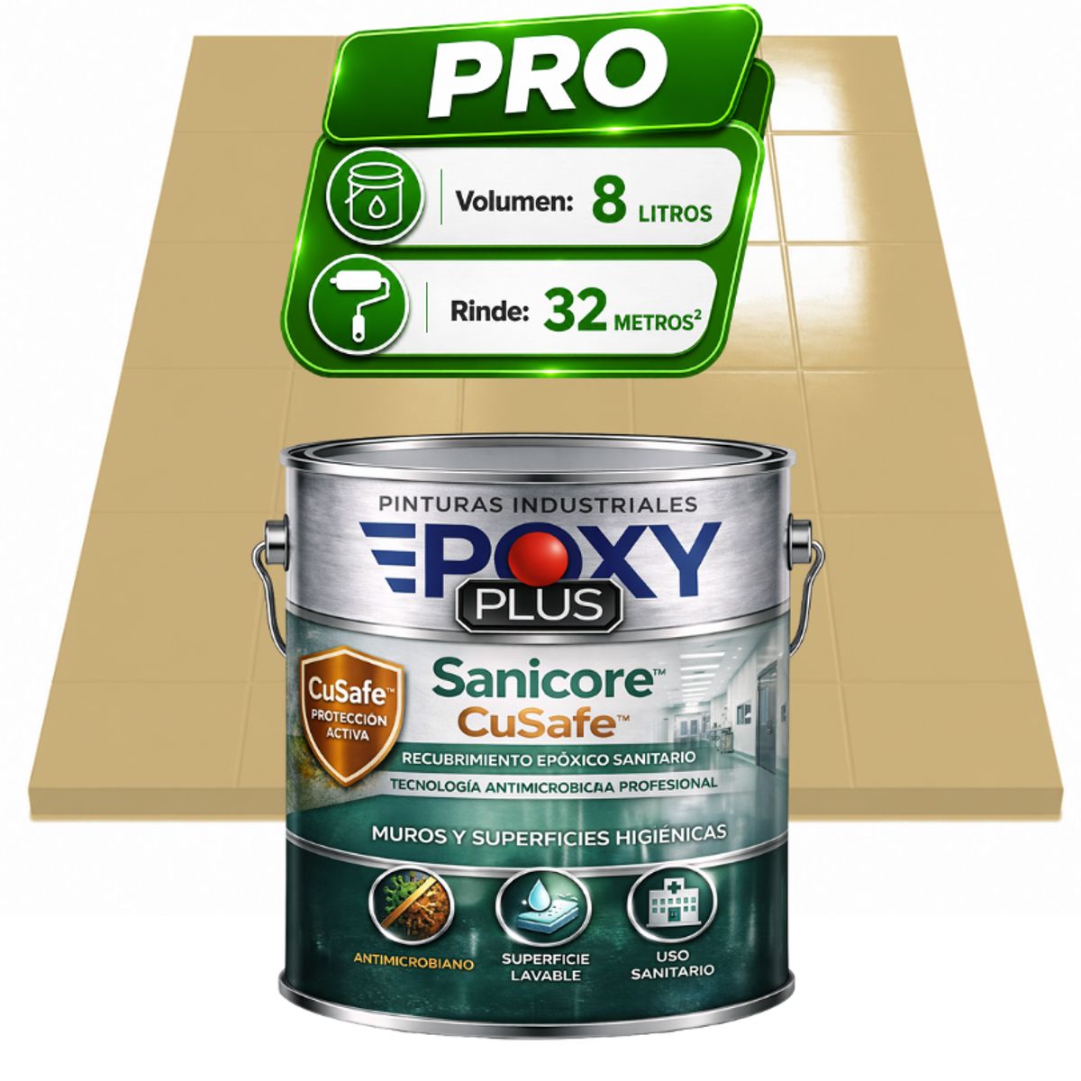 EPOXY - Pintura Epóxica Hospitalaria Sanicore CuSafe - MUROS Y PISOS - SIN OLOR - PRO 8L -  Beige