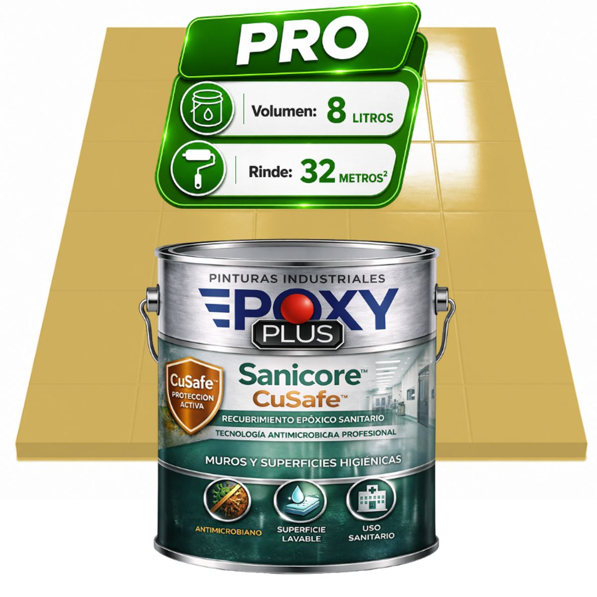 Pintura Epóxica Hospitalaria Sanicore CuSafe - MUROS Y PISOS - SIN OLOR - PRO 8L -  AMARILLO ARENA, marca EPOXY - Foto Principal