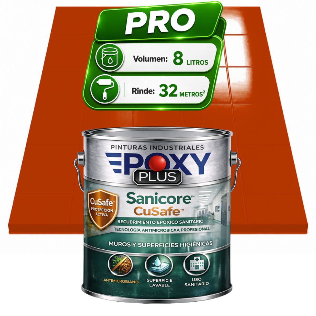 EPOXY - Pintura Epóxica Hospitalaria Sanicore CuSafe - MUROS Y PISOS - SIN OLOR - PRO 8L -  NARANJA ROJIZO