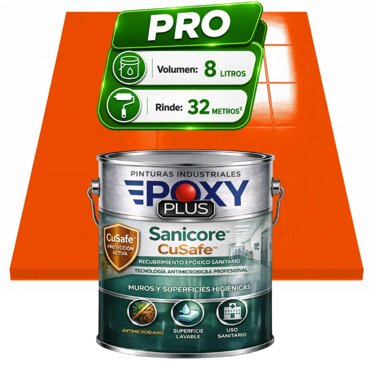 EPOXY - Pintura Epóxica Hospitalaria Sanicore CuSafe - MUROS Y PISOS - SIN OLOR - PRO 8L -  NARANJA PURO