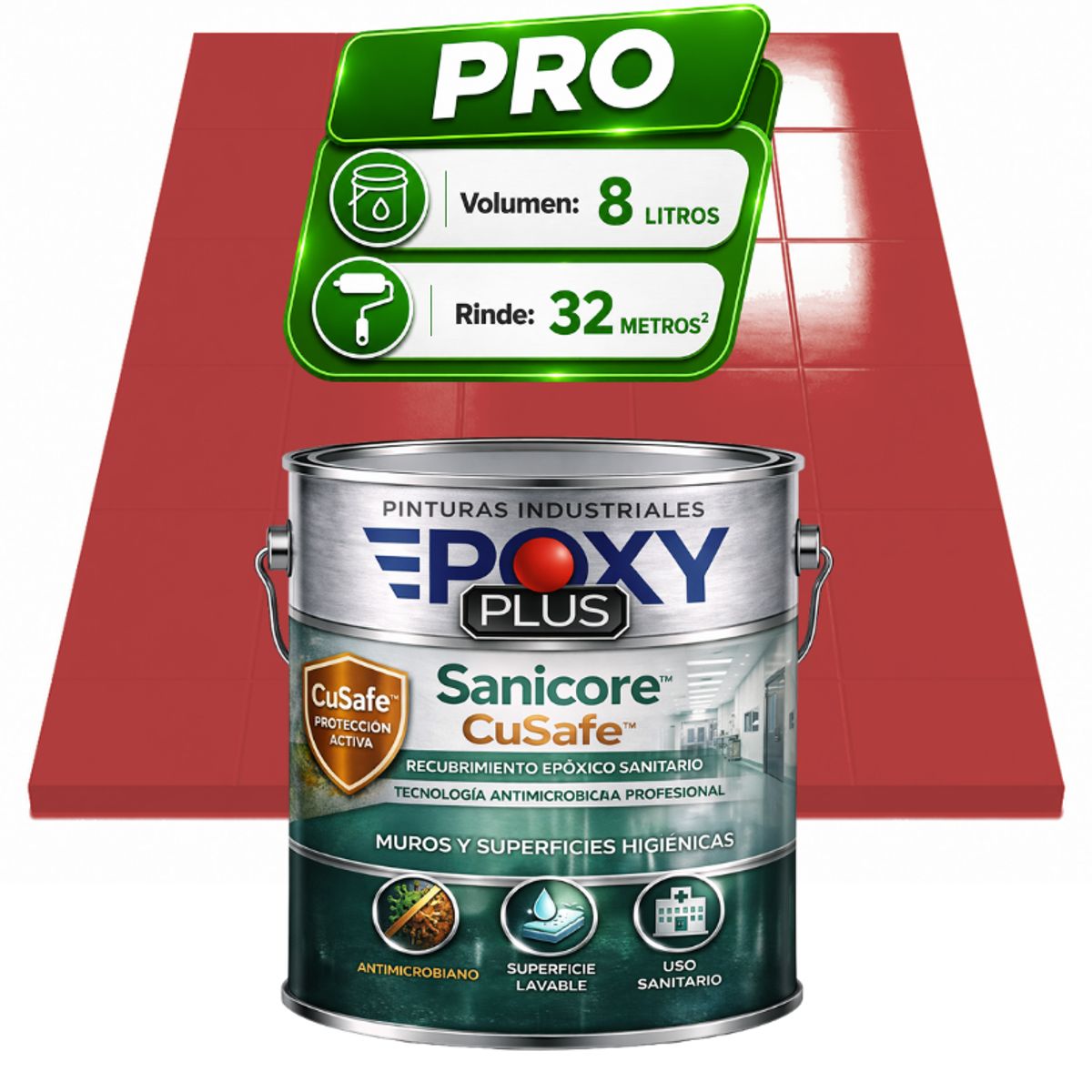 EPOXY - Pintura Epóxica Hospitalaria Sanicore CuSafe - MUROS Y PISOS - SIN OLOR - PRO 8L -  ROJO CORAL