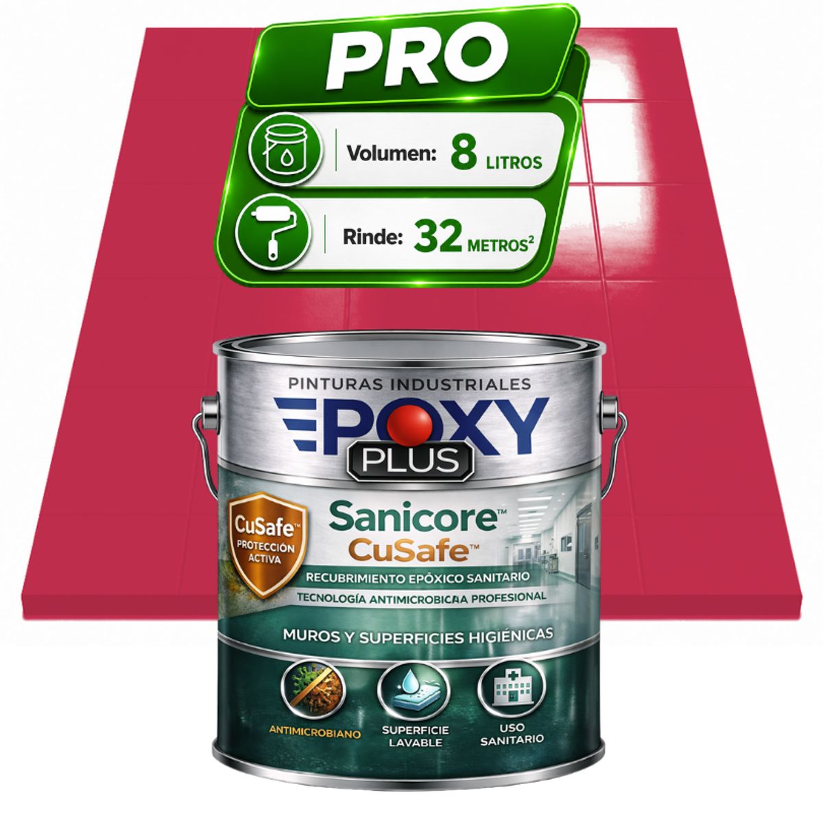 EPOXY - Pintura Epóxica Hospitalaria Sanicore CuSafe - MUROS Y PISOS - SIN OLOR - PRO 8L -  ROJO FRESA