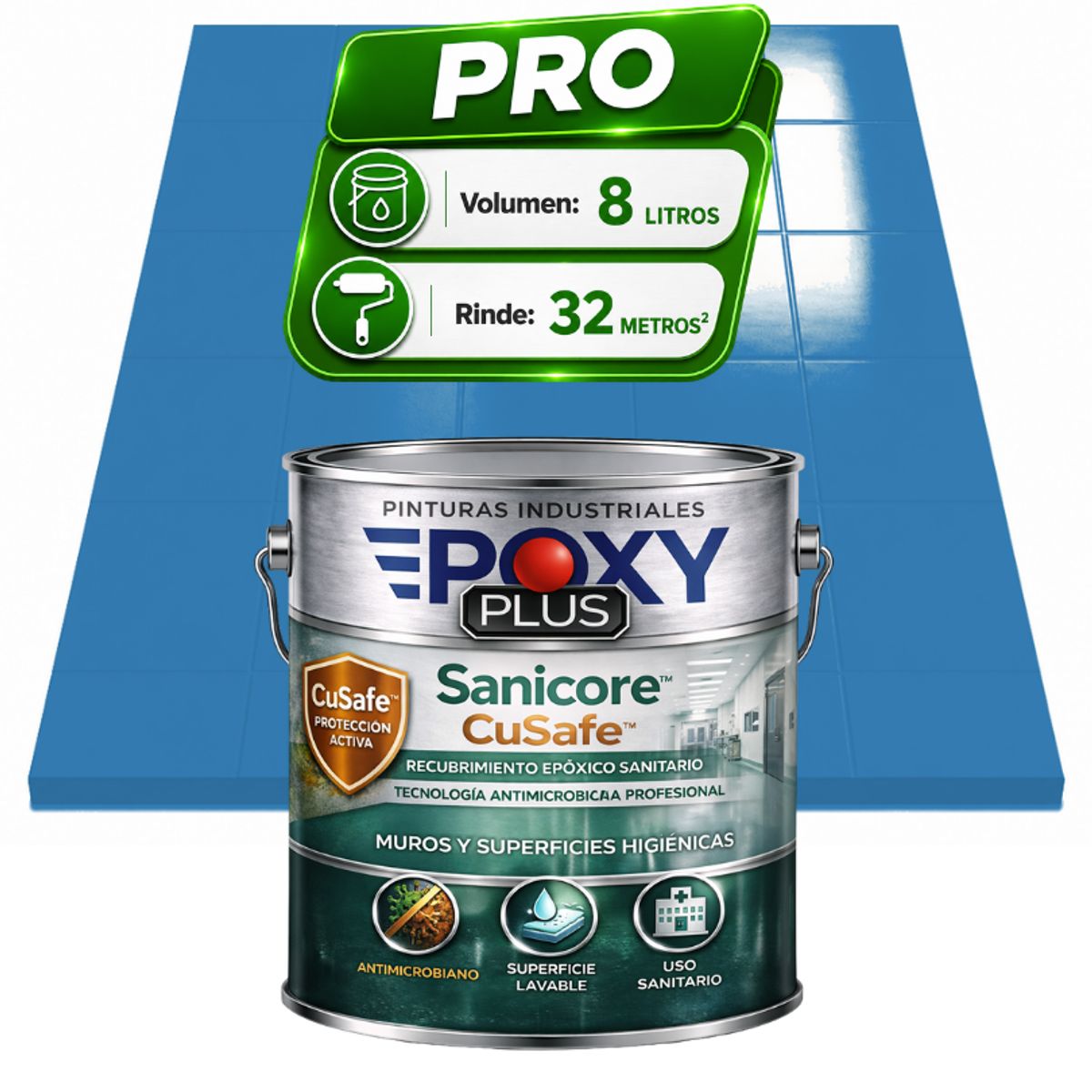 EPOXY - Pintura Epóxica Hospitalaria Sanicore CuSafe - MUROS Y PISOS - SIN OLOR - PRO 8L -  AZUL CLARO