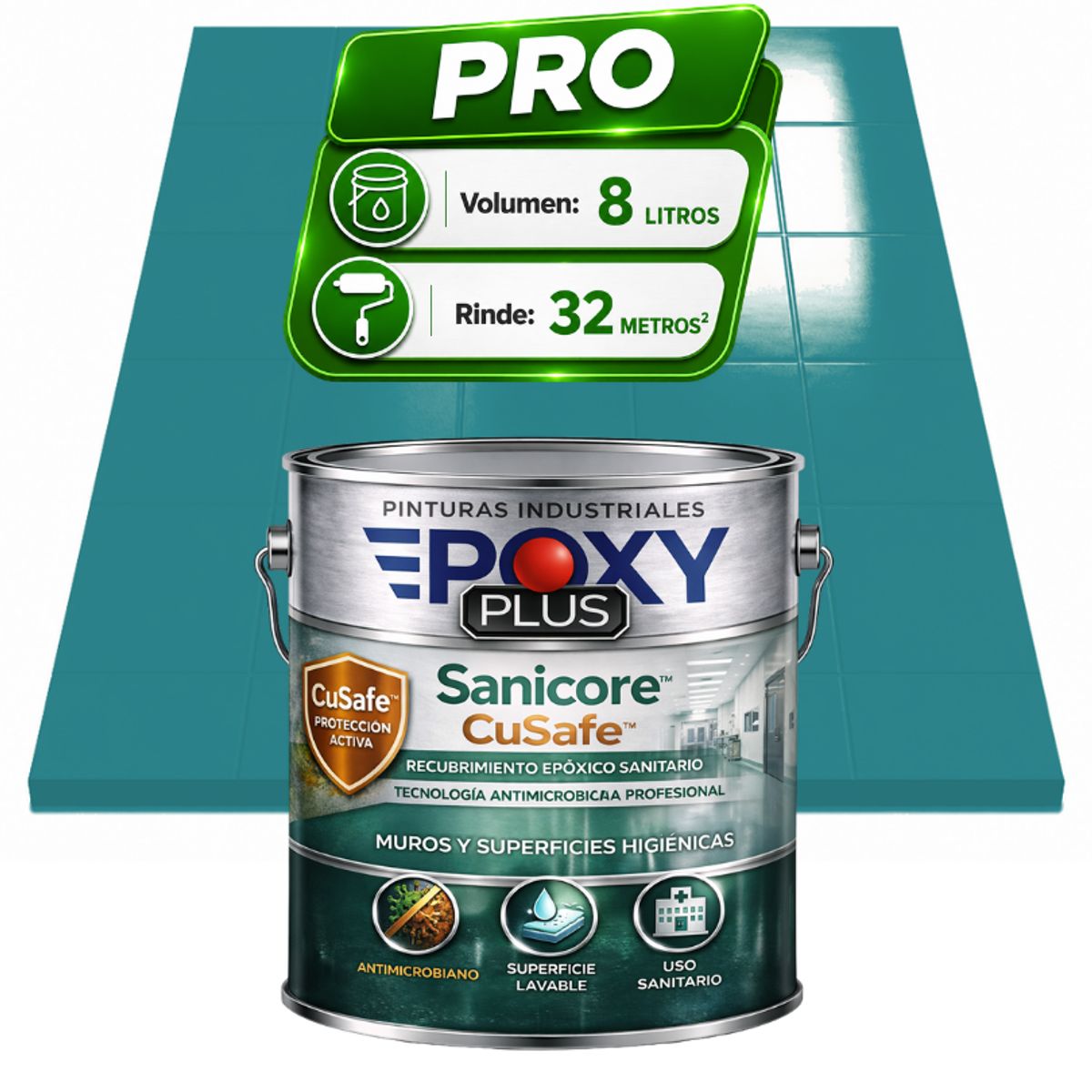 EPOXY - Pintura Epóxica Hospitalaria Sanicore CuSafe - MUROS Y PISOS - SIN OLOR - PRO 8L -  AZUL TURQUESA
