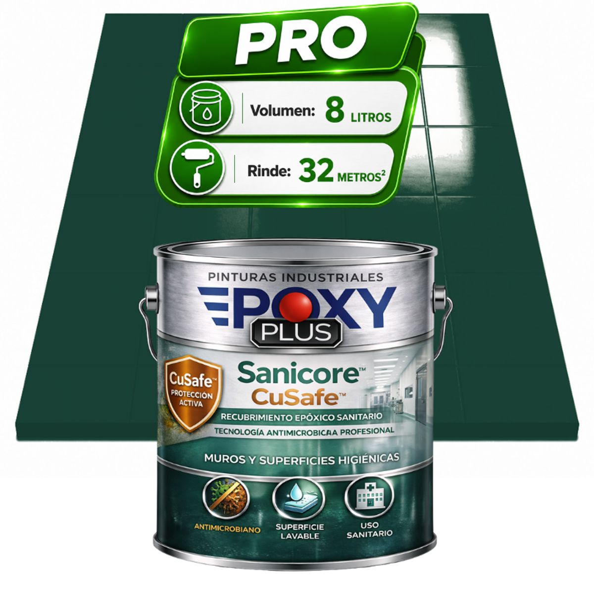 EPOXY - Pintura Epóxica Hospitalaria Sanicore CuSafe - MUROS Y PISOS - SIN OLOR - PRO 8L -  VERDE AZULADO