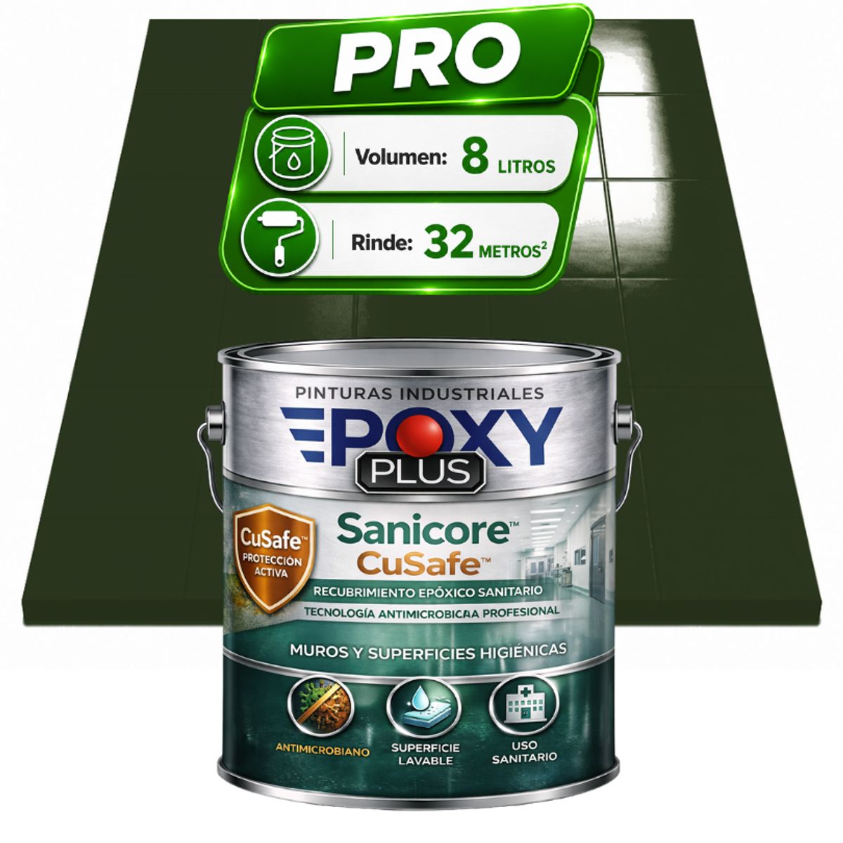 EPOXY - Pintura Epóxica Hospitalaria Sanicore CuSafe - MUROS Y PISOS - SIN OLOR - PRO 8L -  VERDE BOTELLA