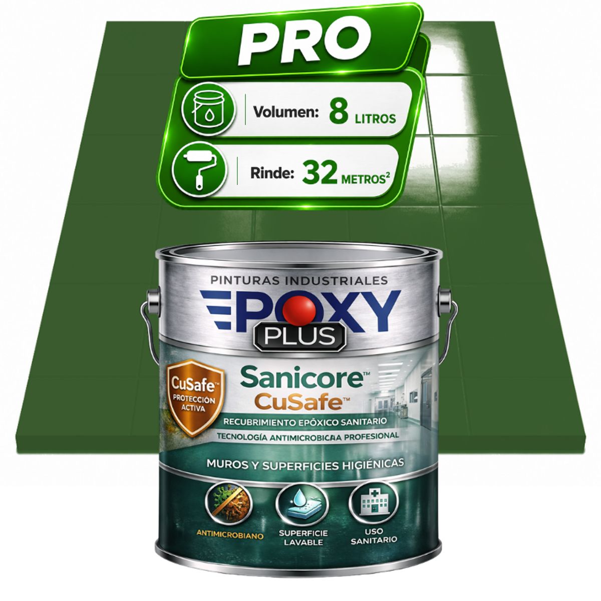 EPOXY - Pintura Epóxica Hospitalaria Sanicore CuSafe - MUROS Y PISOS - SIN OLOR - PRO 8L -  VERDE HIERBA