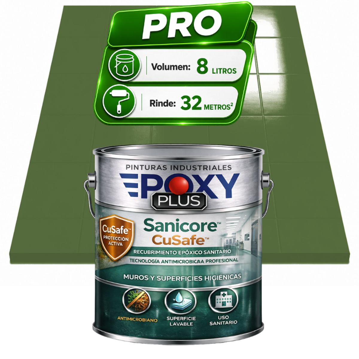 EPOXY - Pintura Epóxica Hospitalaria Sanicore CuSafe - MUROS Y PISOS - SIN OLOR - PRO 8L -  VERDE RESEDA