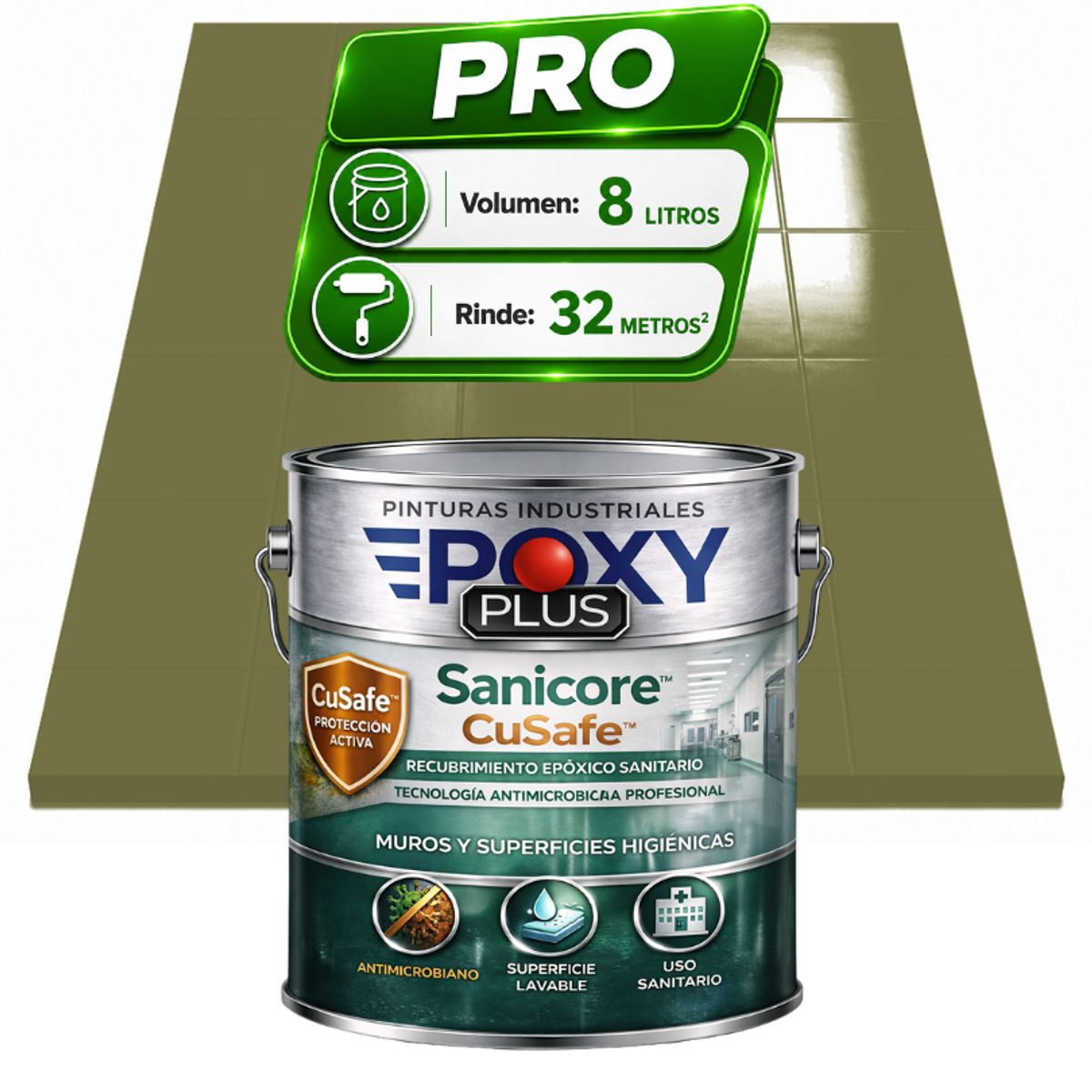 EPOXY - Pintura Epóxica Hospitalaria Sanicore CuSafe - MUROS Y PISOS - SIN OLOR - PRO 8L -  VERDE CAÑA
