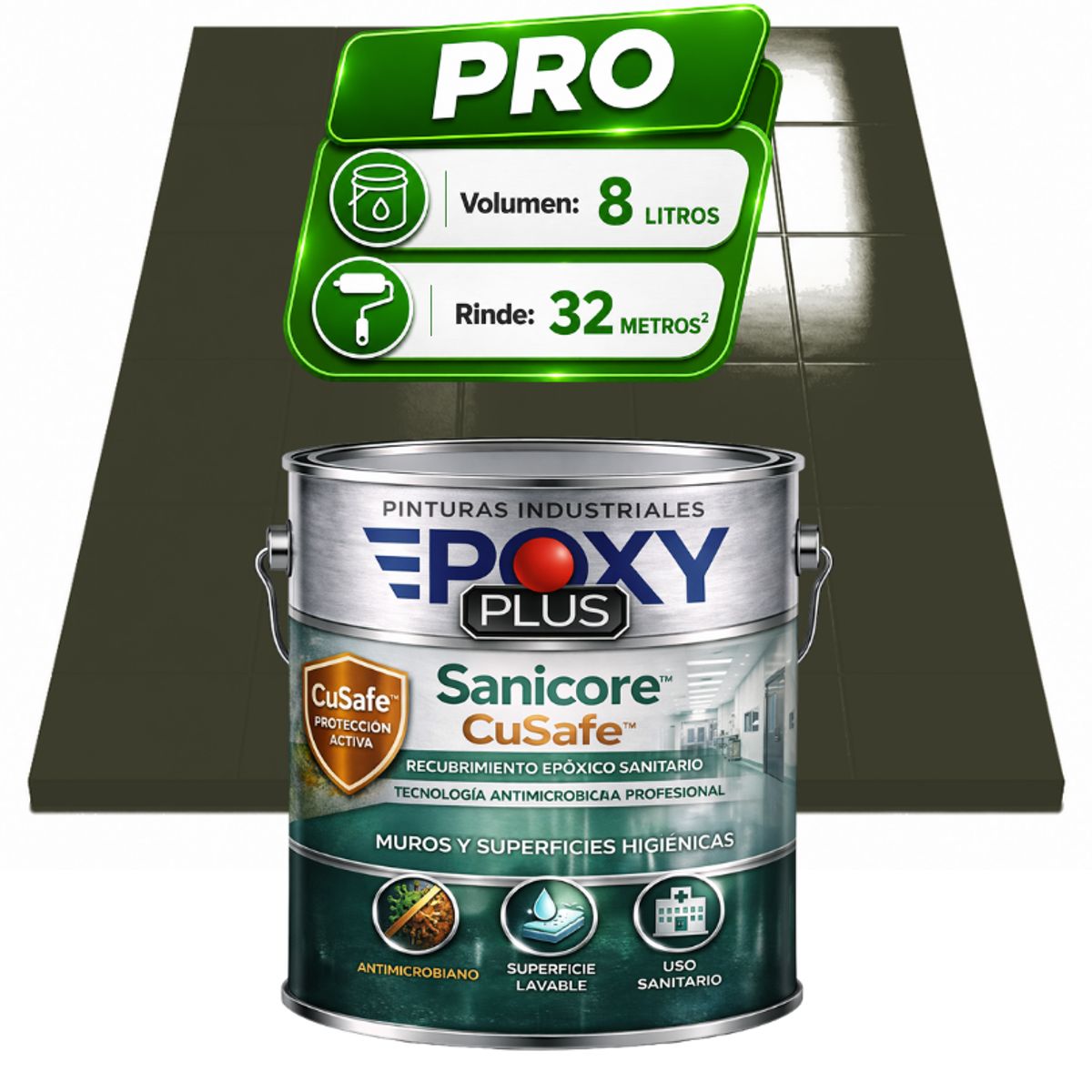 EPOXY - Pintura Epóxica Hospitalaria Sanicore CuSafe - MUROS Y PISOS - SIN OLOR - PRO 8L -  VERDE AMARILLO