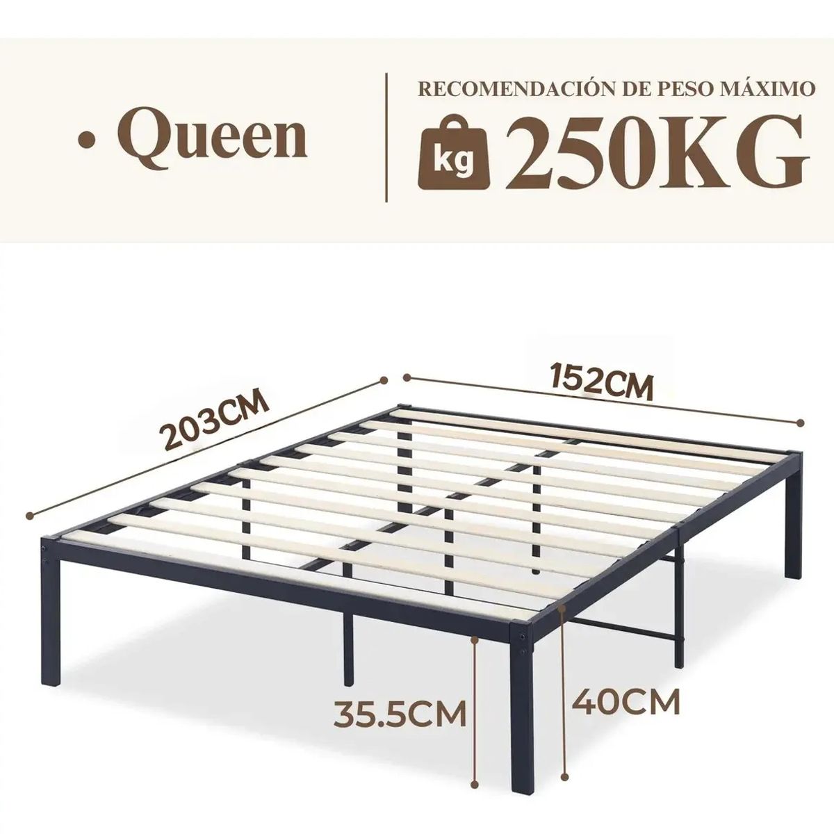 GENERICO - Base De Cama Queen Size Metal Recamaras Acero de Alta Calidad Para Colchón 200 x150 x 40 cm