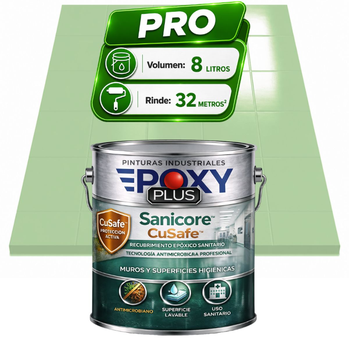 EPOXY - Pintura Epóxica Hospitalaria Sanicore CuSafe - MUROS Y PISOS - SIN OLOR - PRO 8L -  VERDE BLANCO