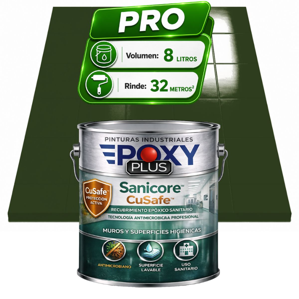 EPOXY - Pintura Epóxica Hospitalaria Sanicore CuSafe - MUROS Y PISOS - SIN OLOR - PRO 8L -  VERDE CROMO