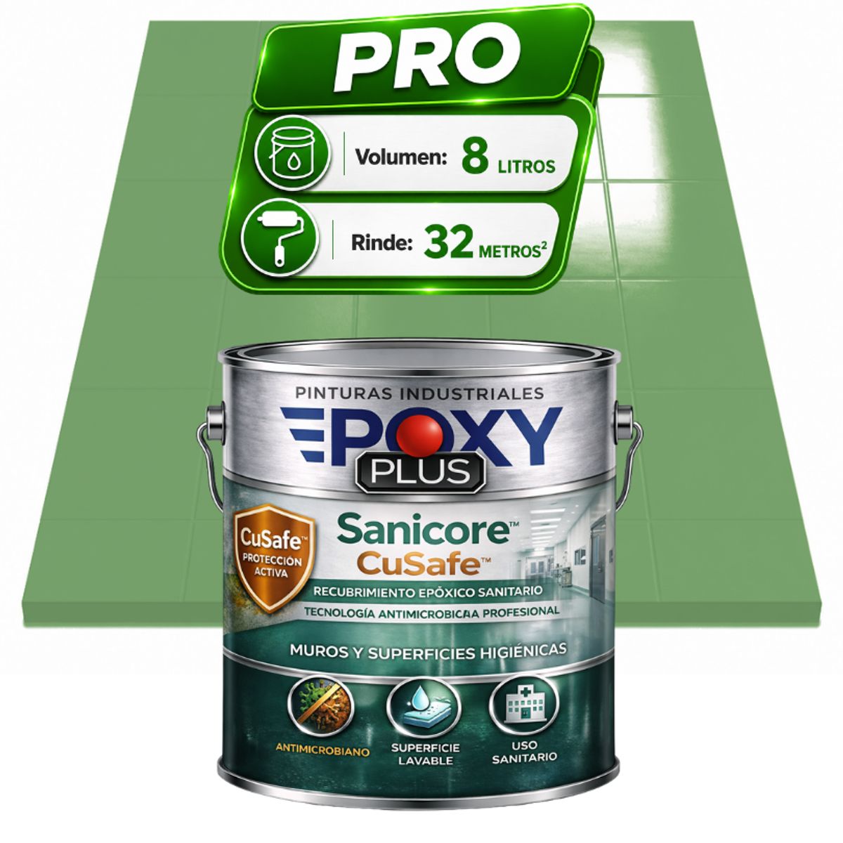 EPOXY - Pintura Epóxica Hospitalaria Sanicore CuSafe - MUROS Y PISOS - SIN OLOR - PRO 8L -  VERDE PÁLIDO