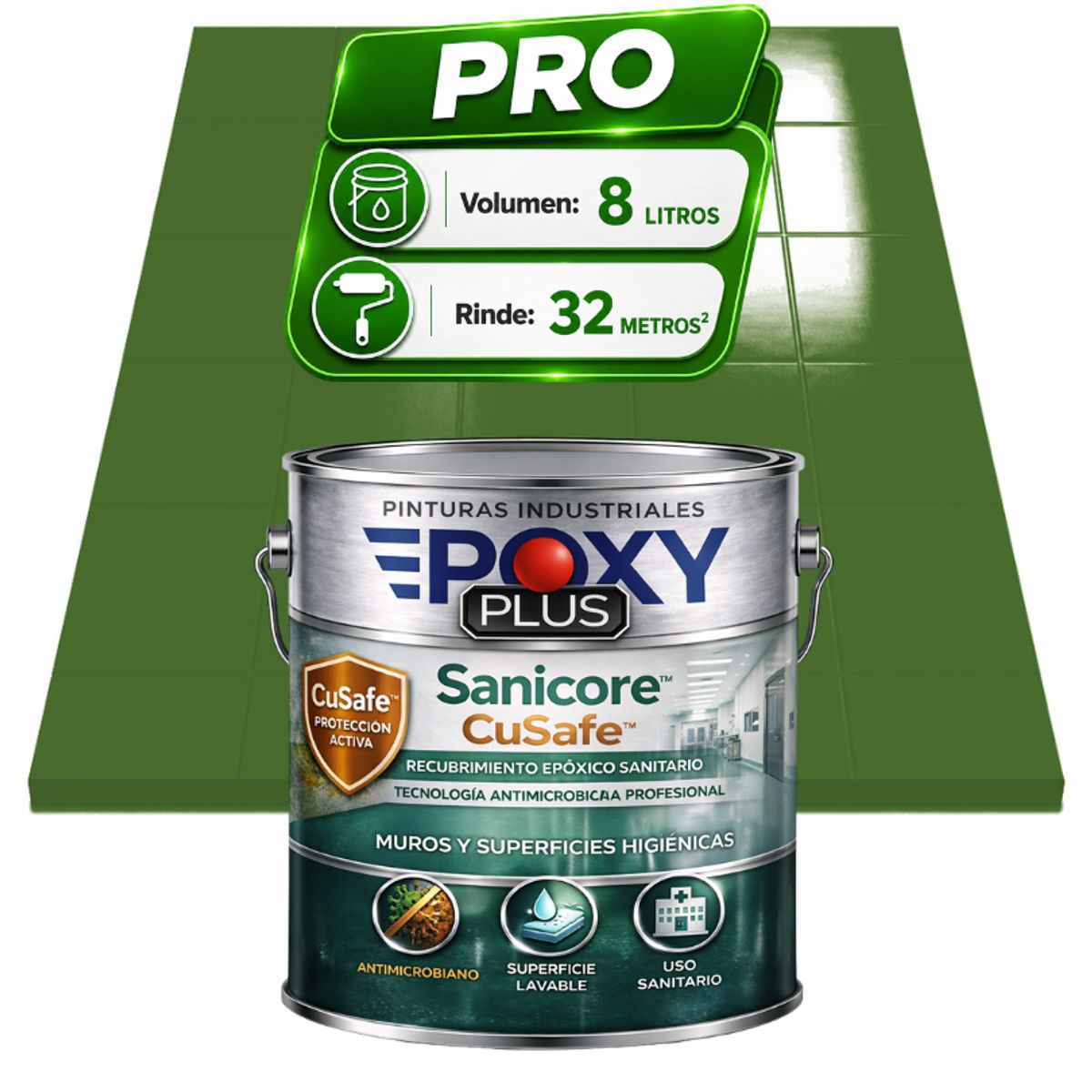 EPOXY - Pintura Epóxica Hospitalaria Sanicore CuSafe - MUROS Y PISOS - SIN OLOR - PRO 8L -  VERDE HELECHO
