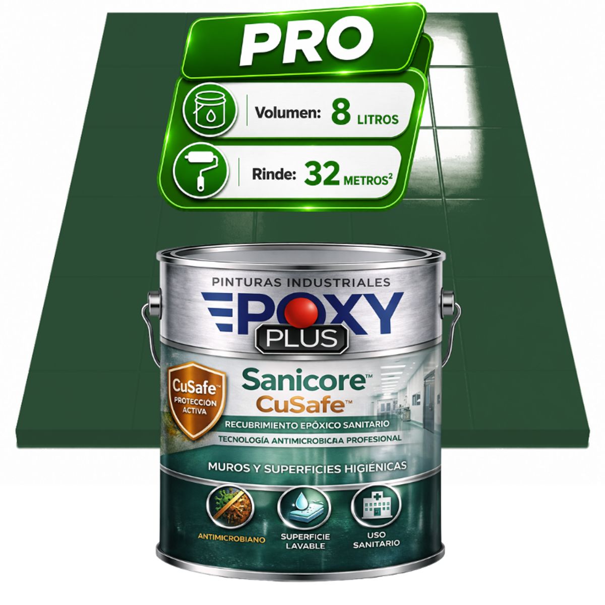 EPOXY - Pintura Epóxica Hospitalaria Sanicore CuSafe - MUROS Y PISOS - SIN OLOR - PRO 8L -  VERDE PINO
