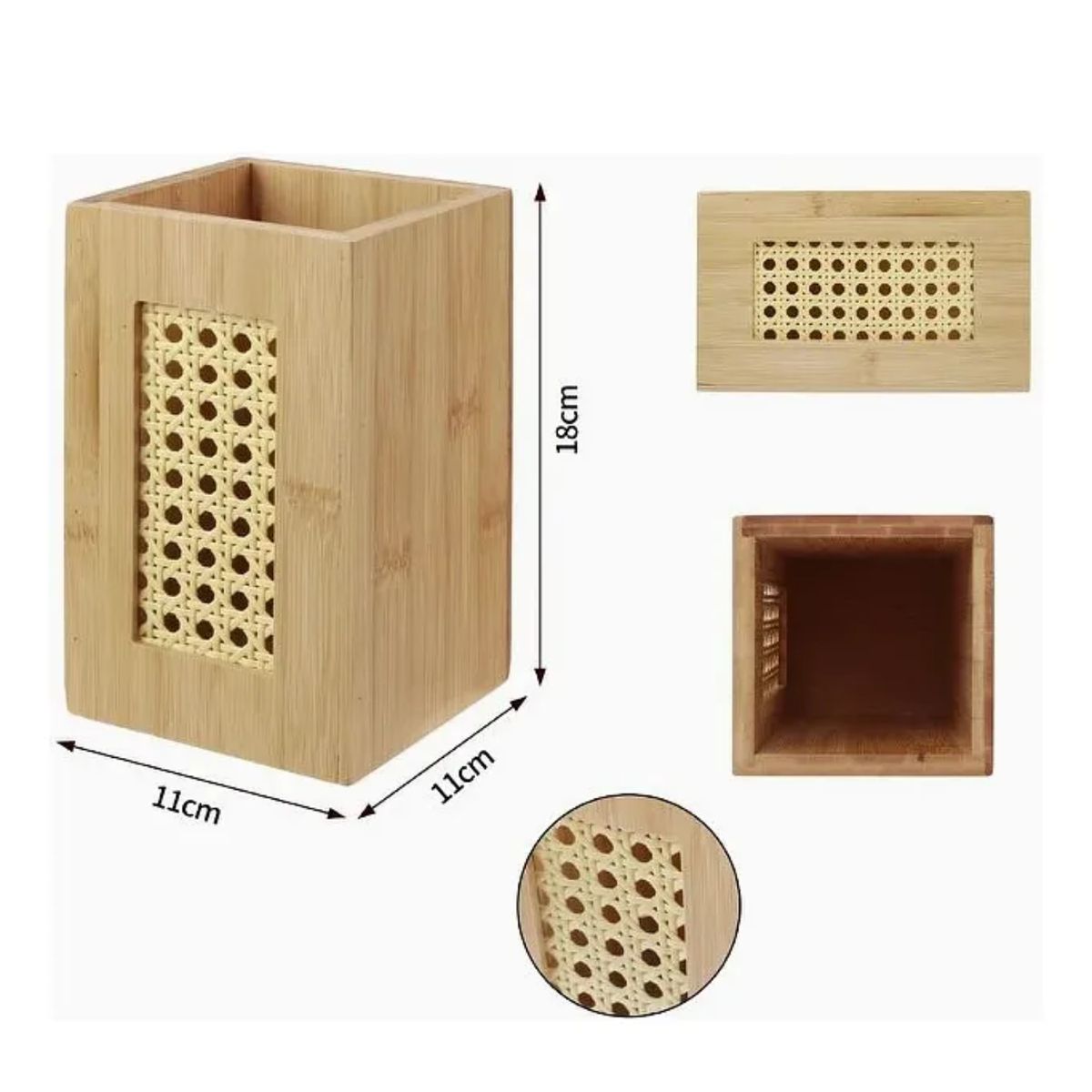 GENERICO - Caja De Almacenamiento Bambú Con Detalle Tejido 11x11x18cm