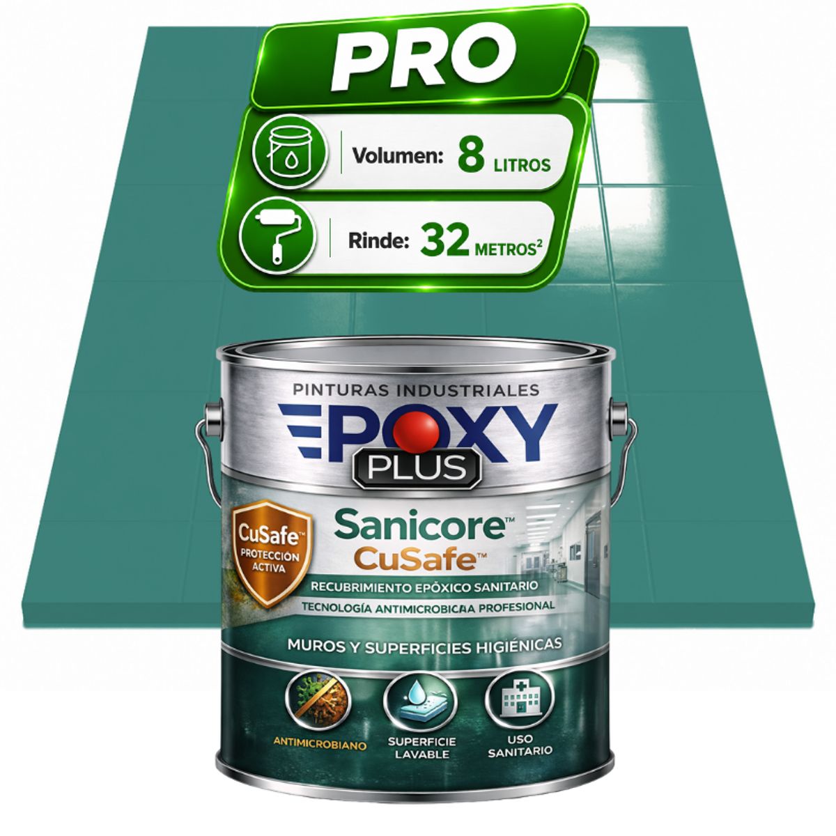 EPOXY - Pintura Epóxica Hospitalaria Sanicore CuSafe - MUROS Y PISOS - SIN OLOR - PRO 8L -  VERDE TURQUESA MENTA