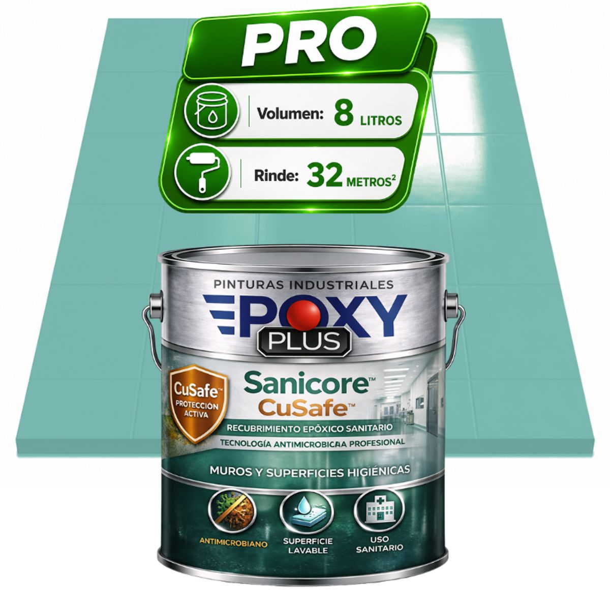 EPOXY - Pintura Epóxica Hospitalaria Sanicore CuSafe - MUROS Y PISOS - SIN OLOR - PRO 8L -  TURQUESA PASTEL