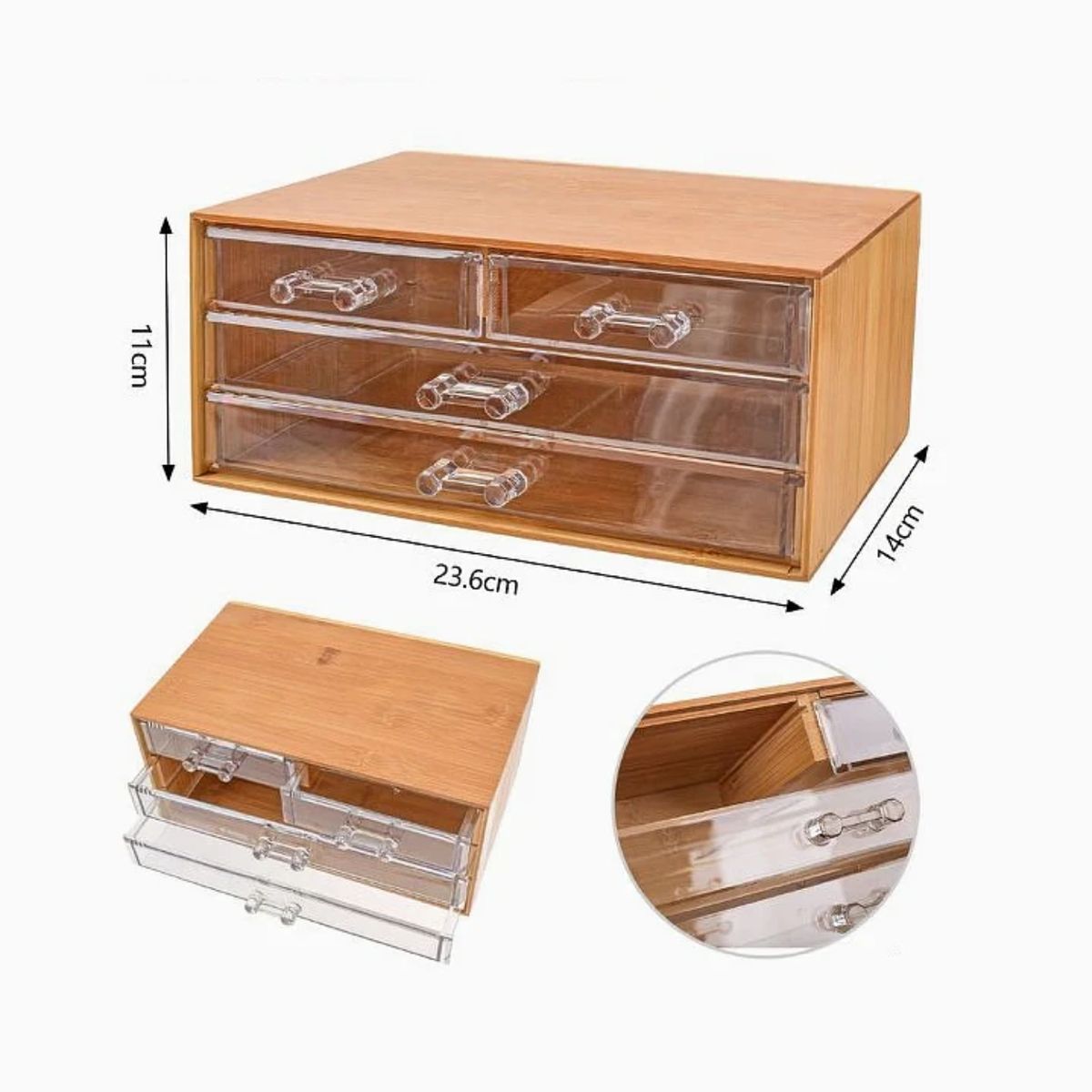GENERICO - Caja de almacenamiento de bambú con cuatro cajones – 23,6 × 14 × 11 cm