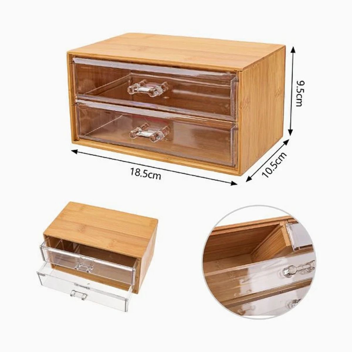 GENERICO - Caja de almacenamiento de bambú con dos cajones – 18,5 × 10,5 × 9,5 cm