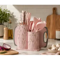 MP - Set De Utensilios y Cuchillos De Cocina 25 Piezas Marmoleado Rosa Dorado