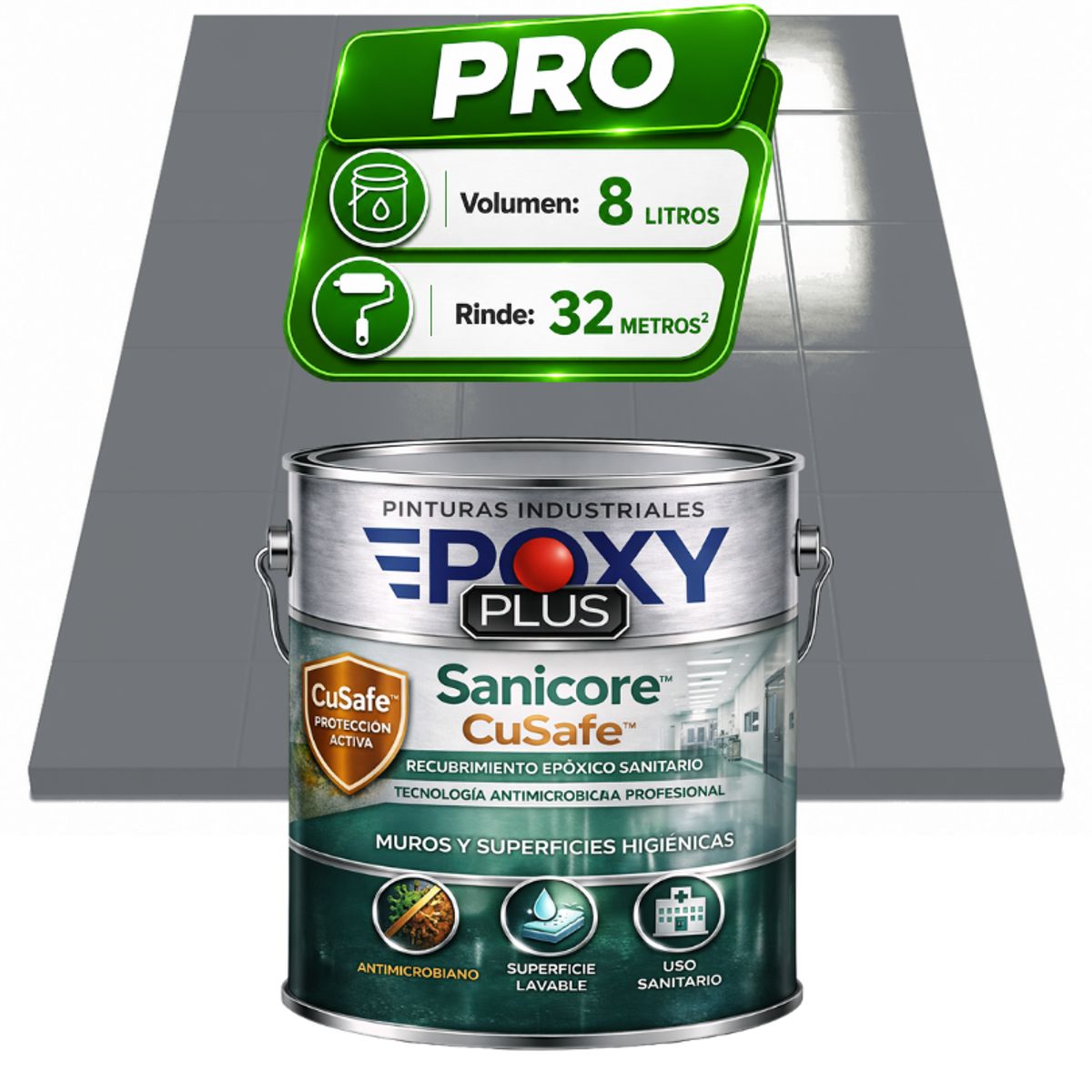 EPOXY - Pintura Epóxica Hospitalaria Sanicore CuSafe - MUROS Y PISOS - SIN OLOR - PRO 8L -  GRIS ARDILLA