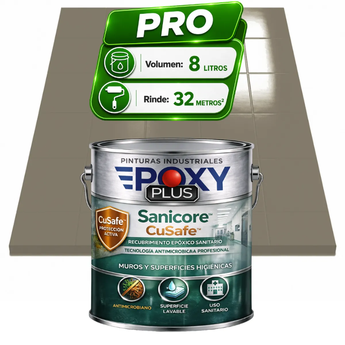 EPOXY - Pintura Epóxica Hospitalaria Sanicore CuSafe - MUROS Y PISOS - SIN OLOR - PRO 8L -  GRIS OLIVA