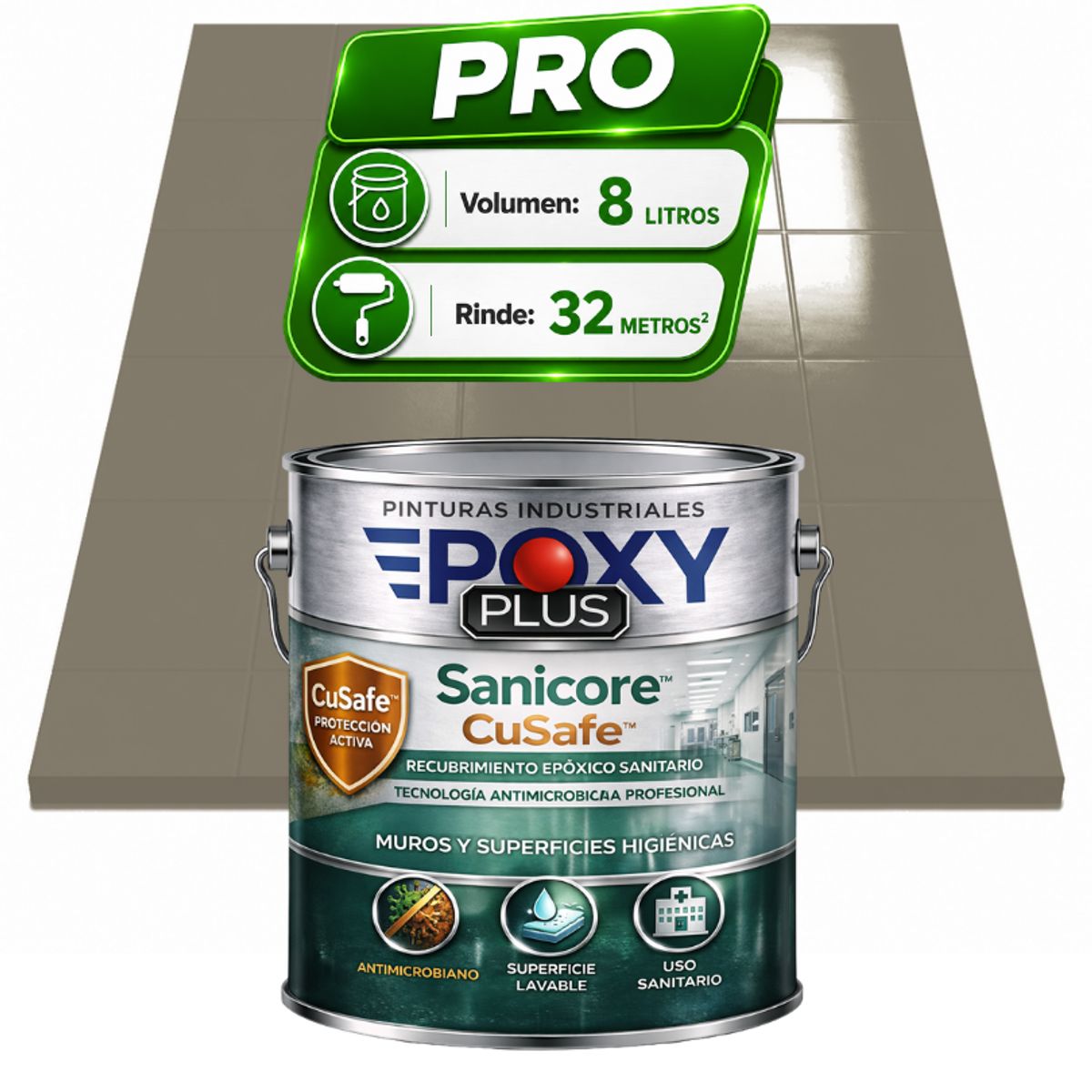 EPOXY - Pintura Epóxica Hospitalaria Sanicore CuSafe - MUROS Y PISOS - SIN OLOR - PRO 8L -  GRIS OLIVA