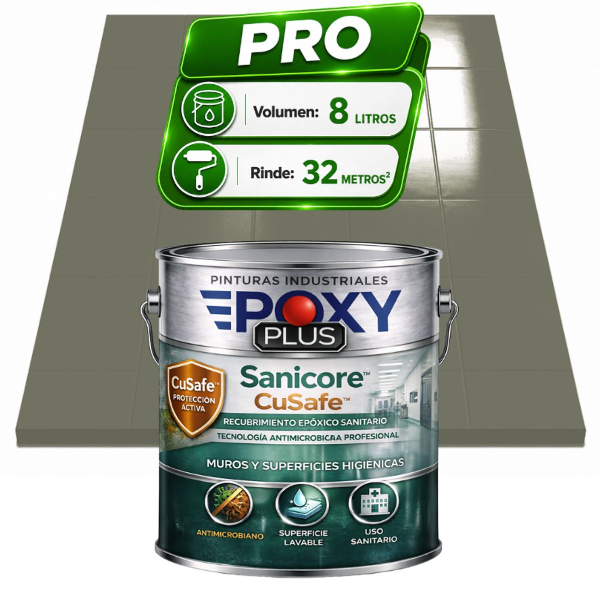 EPOXY - Pintura Epóxica Hospitalaria Sanicore CuSafe - MUROS Y PISOS - SIN OLOR - PRO 8L -  GRIS MUSGO