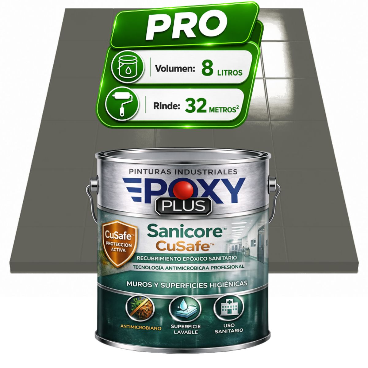 EPOXY - Pintura Epóxica Hospitalaria Sanicore CuSafe - MUROS Y PISOS - SIN OLOR - PRO 8L -  GRIS RATÓN