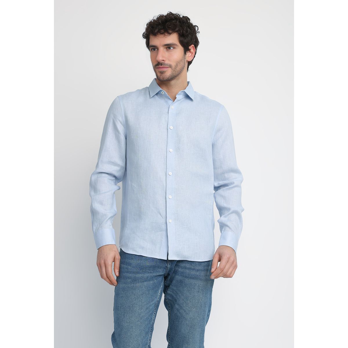 PERRY ELLIS - Camisa Hombre Lino Celeste