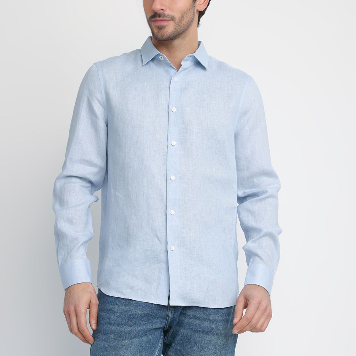 PERRY ELLIS - Camisa Hombre Lino Celeste