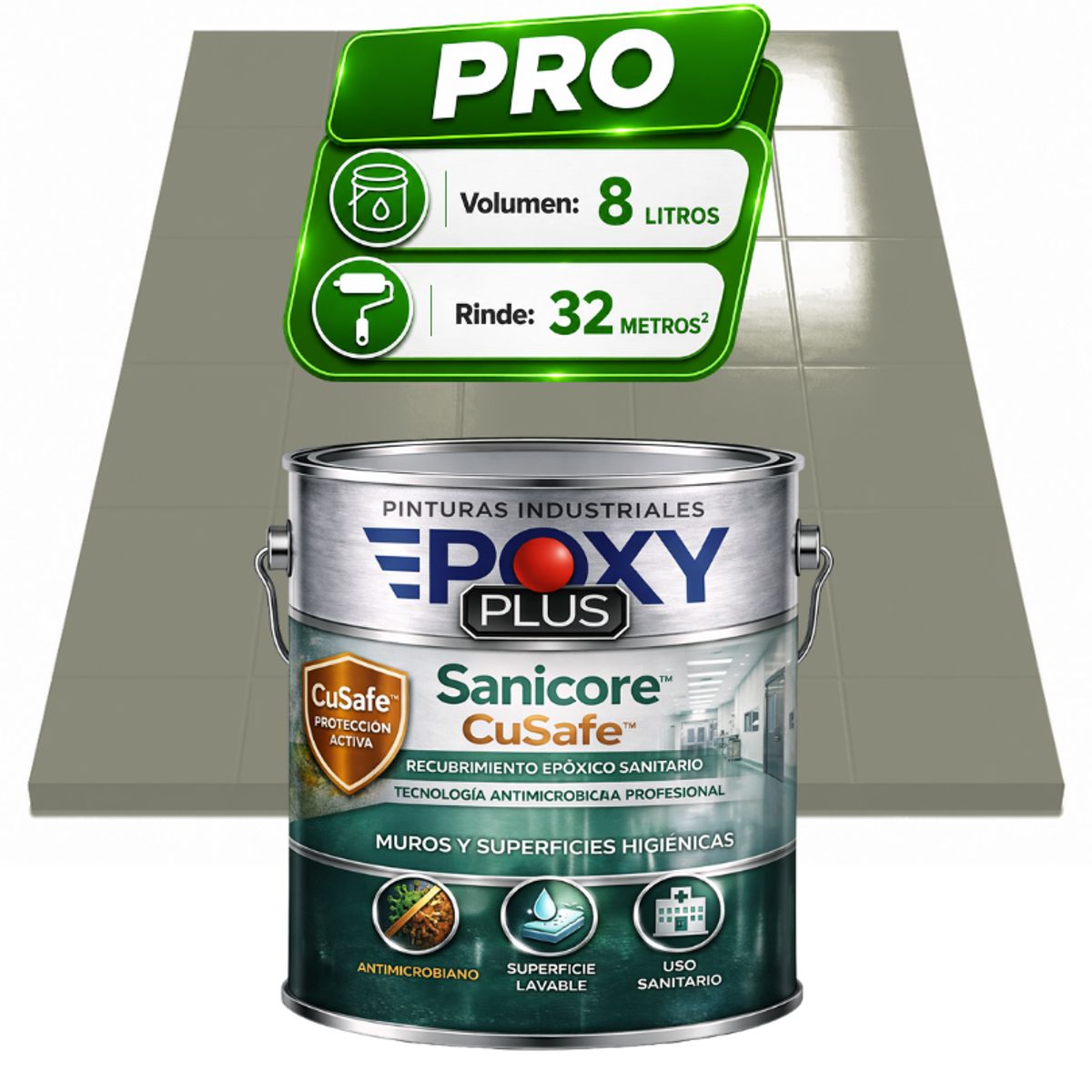 EPOXY - Pintura Epóxica Hospitalaria Sanicore CuSafe - MUROS Y PISOS - SIN OLOR - PRO 8L -  GRIS PIEDRA