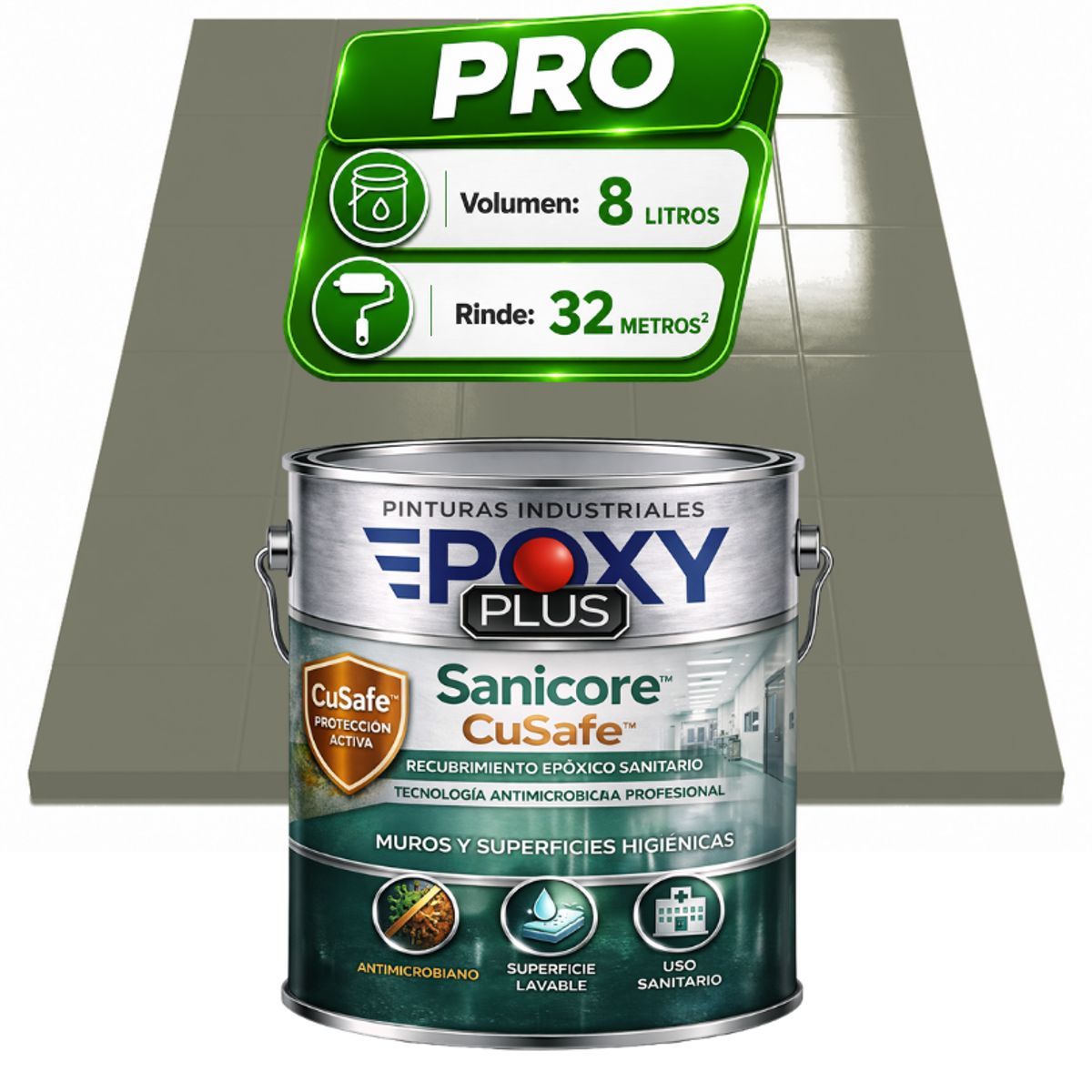 EPOXY - Pintura Epóxica Hospitalaria Sanicore CuSafe - MUROS Y PISOS - SIN OLOR - PRO 8L -  GRIS CEMENTO