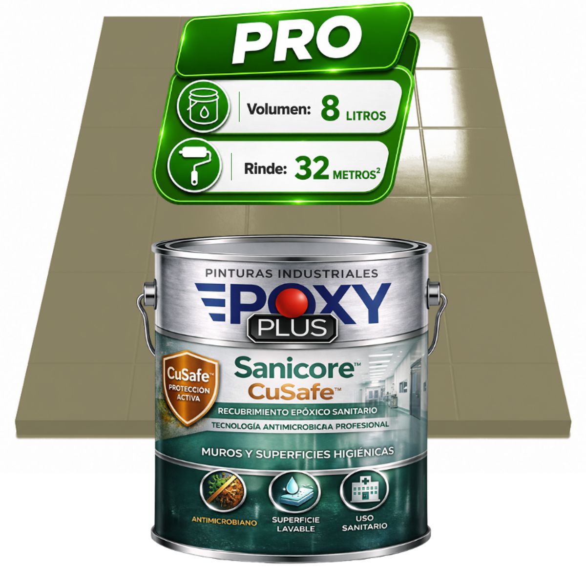 Pintura Epóxica Hospitalaria Sanicore CuSafe - MUROS Y PISOS - SIN OLOR - PRO 8L -  GRIS CEMENTO, marca EPOXY - Foto Principal