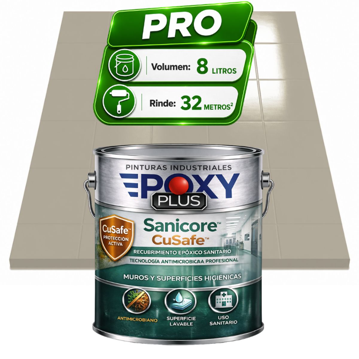 EPOXY - Pintura Epóxica Hospitalaria Sanicore CuSafe - MUROS Y PISOS - SIN OLOR - PRO 8L -  GRIS SEDA
