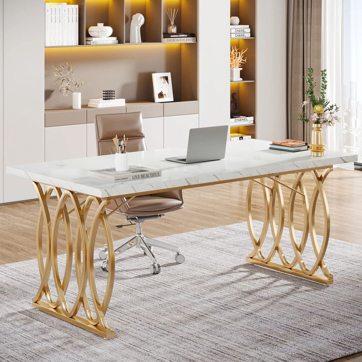 DELUXE - Escritorio Blanco Estilo Marmol 160cm Dorado